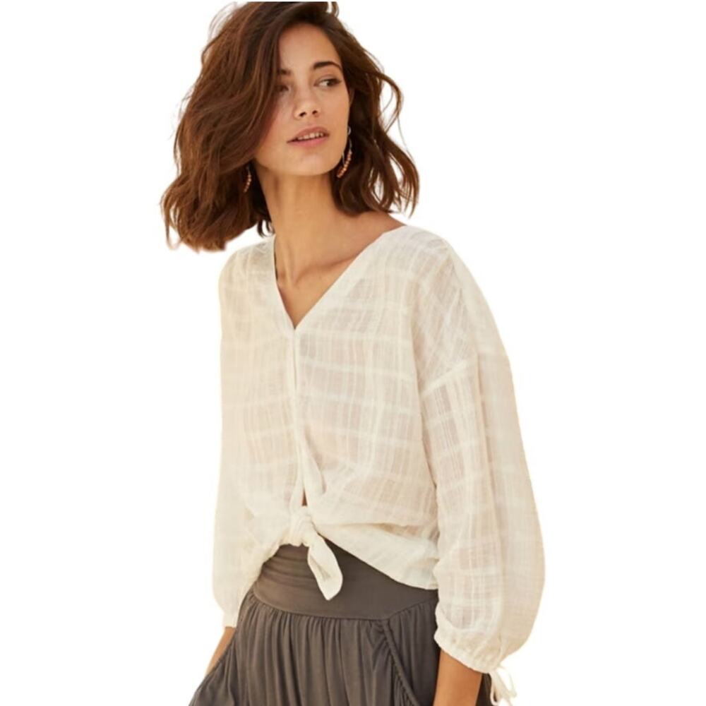 Garnet Hill Gauzy Tie Sleeve Button Top Womens Size 10 Cream Coastal Blouse